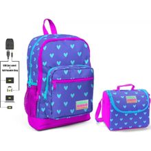 Coral High Kız Çocuk Usb Soketli Kalp Baskılı Okul Çantası ve Beslenme Çantası Seti