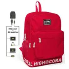 Coral High Logo Usb ve Aux Soketli Nakışlı Kırmızı Ortaokul Lise ve Günlük Sırt Çantası