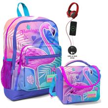 Coral High Pembe Flamingo Baskılı Beslenme Çantası + USB Soketli Okul Çantası