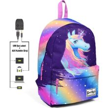 Coral High Renkli Unicorn Desenli Sırt Çantası - Okul Ve Günlük - Usb+aux Soketli Okul Çantası