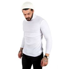 Deepsea 2100015 Beyaz Balıkçı Yaka Çizgili Slim Fit Erkek Örme Kazak