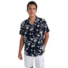 DeFacto B0096AX23HS Lacivert-NV239 Relax Fit Baskılı Keten Görünümlü Kısa Kollu Erkek Gömlek