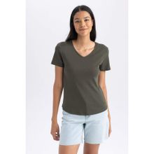 DeFacto B0647AX23SM Haki-KH211 Slim Fit Kısa Kollu Kadın T-shirt