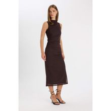 DeFacto C3519AX24AU Kahve BN539 Bodycon Vücudu Saran Yarım Balıkçı Yaka Basic Tül Maxi Abiye Elbise