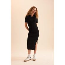 DeFacto D4914AXNS Siyah-BK27 Fitted Polo Yaka Kısa Kollu Yırtmaçlı Midi Triko Elbise