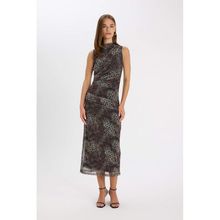 DeFacto D5061AX24AU Kahve-BN192 Bodycon Vücuda Oturan Bisiklet Yaka Leopar Desenli Tül Kolsuz Maxi Elbise