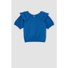 DeFacto Y6621A622HS Mavi-BE758 Regular Fit Krinkıl Kumaş Kısa Kollu Kız Çocuk Tişört