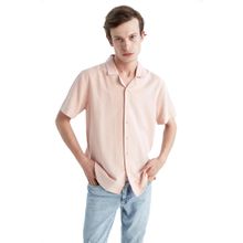 DeFacto Y9085AZ22HS Pembe-PN170 Regular Fit Apaş Yaka Keten Karışımlı Kısa Kollu Erkek Gömlek