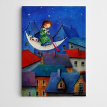 Dekolata Ay Üzerinde Kız ve Evler 60x85 cm Kanvas Tablo