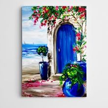 Dekolata Çiçekler ve Mavi Kapılı Ev 50x70 cm Kanvas Tablo
