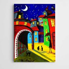 Dekolata Kediler Sokak ve Ay Modern Sanat 30x40 cm Kanvas Tablo