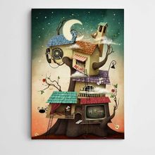 Dekolata Renkli Evler ve Ay Modern Sanat 20x30 cm Kanvas Tablo