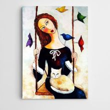 Dekolata Salıncak Kedi ve Kuşlar Modern Sanat 60x85 cm Kanvas Tablo