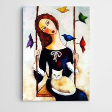 Dekolata Salıncak Kedi ve Kuşlar Modern Sanat 70x100 cm Kanvas Tablo