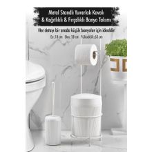 Depa Metal Standlı Yuvarlak Kovalı Kağıtlıklı Fırçalıklı Beyaz Banyo Takımı