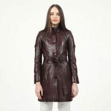 Dericlub YB-2334 Bordo Düğmeli Gerçek Deri Kadın Trençkot