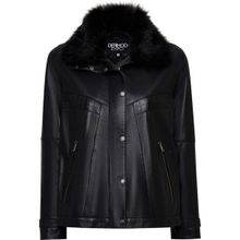 Derimod Hannah 25WGE56141M Siyah Yaka Kürklü Oversize Deri Kadın Mont