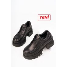 Deripabuc TRC-3003 Hakiki Deri Siyah Kadın Tırtıklı Platform Taban Loafer Ayakkabı