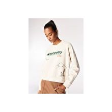 Discovery Expedition D4WL-SWT3035 Açık Bej Kadın Bisiklet Crop Baskılı Sweatshirt