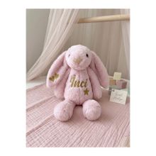 Doğadan Concept İsme Özel Peluş Tavşan & Bez Çanta Seti – Simli Gold Baskılı Bebek Hediye - Baby Shower - Yenidoğan Hediyesi