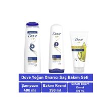 Dove Yoğun Onarıcı 400 ml Şampuan + 350 ml Saç Bakım Kremi + 1 Minute 170 ml Serum Bakım Kremi