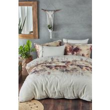 Ecocotton Demre Keten Dijital Bej 220x240 cm Battal Boy Nevresim Takımı