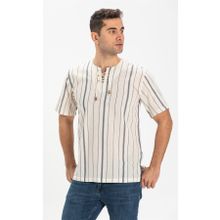 Eliş Şile Bezi Ekru Gri Çizgili 3028 Kısa Kol Şile Bezi Zımbalı Erkek Tshirt