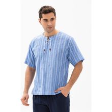 Eliş Şile Bezi Mavi Beyaz Kısa Kol Şile Bezi Zımbalı Çizgili Erkek T-shirt