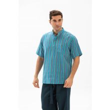 Eliş Şile Bezi Turkuaz Çizgili 3071 Kısa Kol Şile Bezi Hakim Yaka Erkek Tshirt