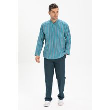 Eliş Şile Bezi Turkuaz Çizgili 3071 Uzun Kol Şile Bezi Hakim Yaka Erkek Tshirt