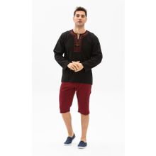 Eliş Şile Bezi Uzun Kol Şile Bezi Bisiklet Yaka Etnik Erkek Siyah T-Shirt