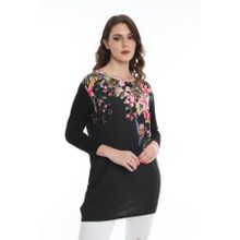 Ella Camelia 5010069 Çiçek Desenli Uzun Siyah Kadın Bluz