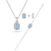Enesstore 925 Ayar Aquamarin Taşlı Baget Gümüş Kolye Küpe Bileklik Set