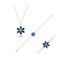 Enesstore 925 Ayar Lotus Çiçeği Safir Taşlı Gümüş Kolye Bileklik Set