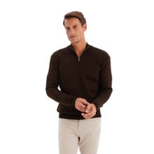 Erkek Bordo Standart Fit Normal Kesim Bato Yaka Fermuarlı Basic Düz Triko Kazak BROWN BROWN