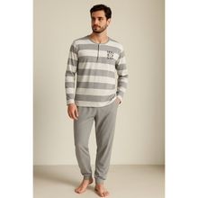 Erkek Kalın Çizgili Pijama Takımı Gri