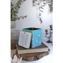 Evle ER024-9F Botanica Blue Desenli Kare Metal 12x12 CM Saklama Kabı