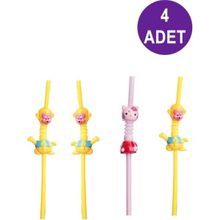 Figürlü Pipet 4 Adet Karışık Renkli, Figürlü Parti Organizasyon Çocuk Pipeti