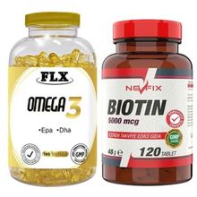 Flx Omega 3 180 Kapsül Balık Yağı + Nevfix Biotin 5000 mg 120 Tablet
