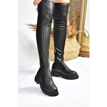 Fox Shoes L670125309 Siyah Suni Deri Streç Diz Üstü Kadın Çizme