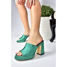 Fox Shoes M570021204 Yeşil Saten Kumaş Kalın Topuklu Kadın Terlik