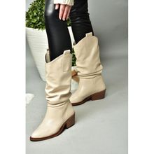 Fox Shoes R280080509 Bej Suni Deri Alçak Topuklu Büzgülü Kadın Çizme