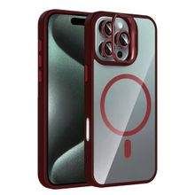 Fuchsia İphone 16 Pro Max Uyumlu Remim Lensli Bordo Kablosuz Şarj Özellikli Standlı Kapak