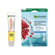 Garnier C Vitamini Parlak Günlük UV Korumalı Güneş Yüz Kremi SPF50 Işıltılı Doku 40 ml + Nem Bombası Canlandırıcı Kağıt Maske Cilt Bakım Seti