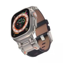 Gpack KRD114 Apple Watch 6 44 mm Metal Bağlantılı Tokalı Suni Deri Kayış Siyah Kordon