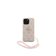 Guess iPhone 15 Pro Max Magsafe Uyumlu Deri Bilek Askı İpli Yazı Logolu Pembe Telefon Kılıfı