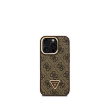 Guess iPhone 16 Pro Max Taşlı Logo 4G Desenli Kamera Standlı Kahverengi Telefon Kılıfı