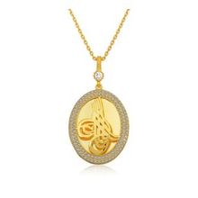 Gumush Gold Tuğralı Oval Bayan Gümüş Kolye