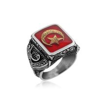 Gumush MR0580011 Gümüş Kırmızı Ay Yıldız Erkek Yüzük