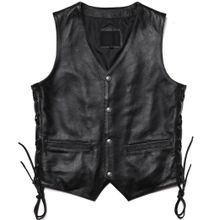 Hakiki Kuzu Derisi Motosiklet Yeleği, V Yaka, Yandan Bağcıklı, 5 Cepli, Siyah (Siyah, 2XL)